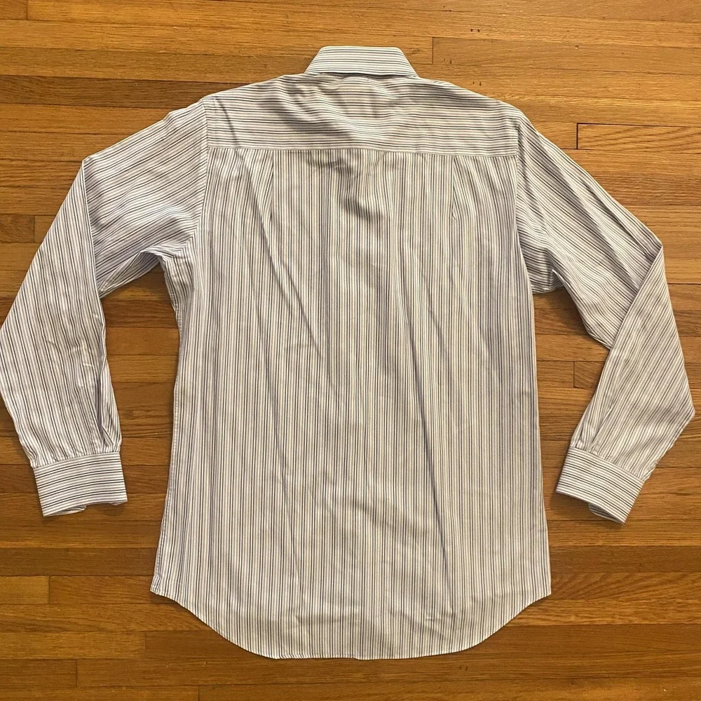 David Donahue Shirt Mens Large Blue White Pink Stripe Trim Fit Dress Monogrammed - Picture 11 of 12